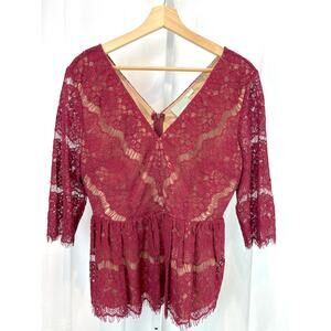 MAEVE Size M Anthropologie Lace Peplum Illusion Top V Neck 3/4 Sleeve Red